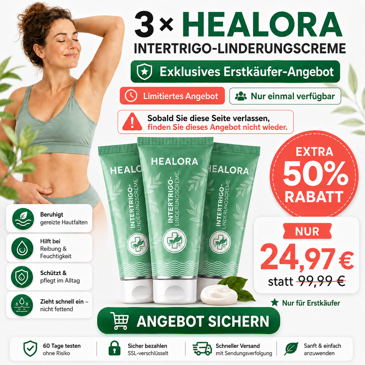 3× HEALORA™ Intertrigo-Linderungscreme – exklusives Zusatzangebot mit zusätzlichen 50 % Rabatt