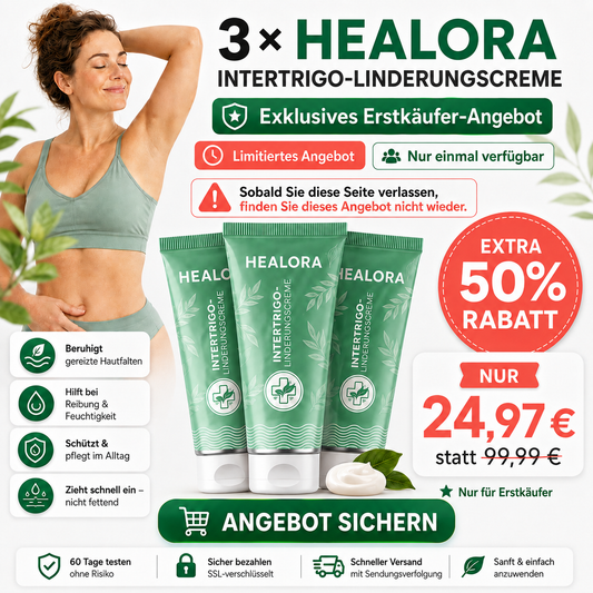 3× HEALORA™ Intertrigo-Linderungscreme – exklusives Zusatzangebot mit zusätzlichen 50 % Rabatt
