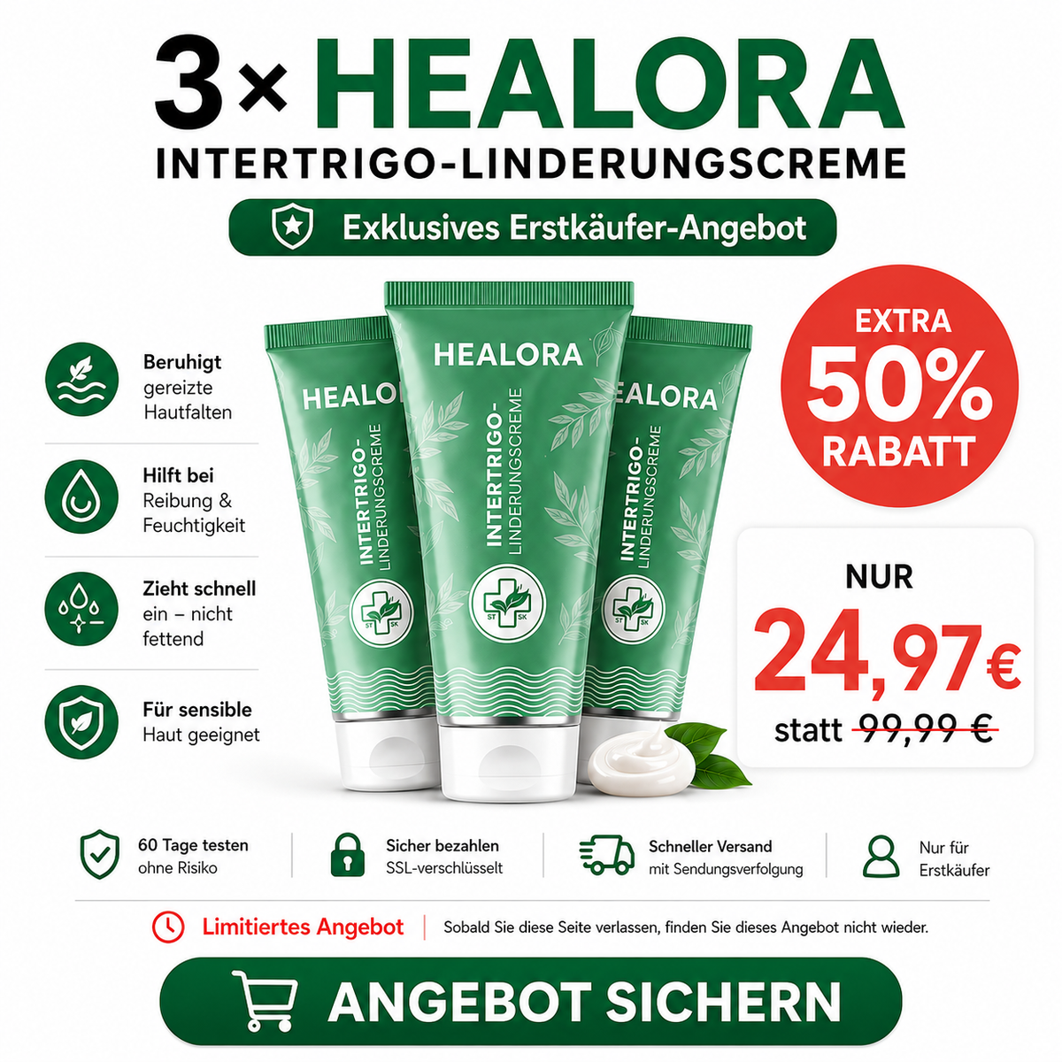 3× HEALORA™ Intertrigo-Linderungscreme – exklusives Zusatzangebot mit zusätzlichen 50 % Rabatt