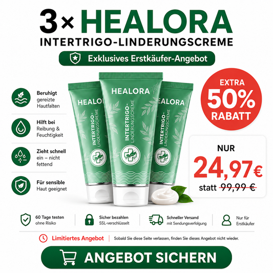 3× HEALORA™ Intertrigo-Linderungscreme – exklusives Zusatzangebot mit zusätzlichen 50 % Rabatt