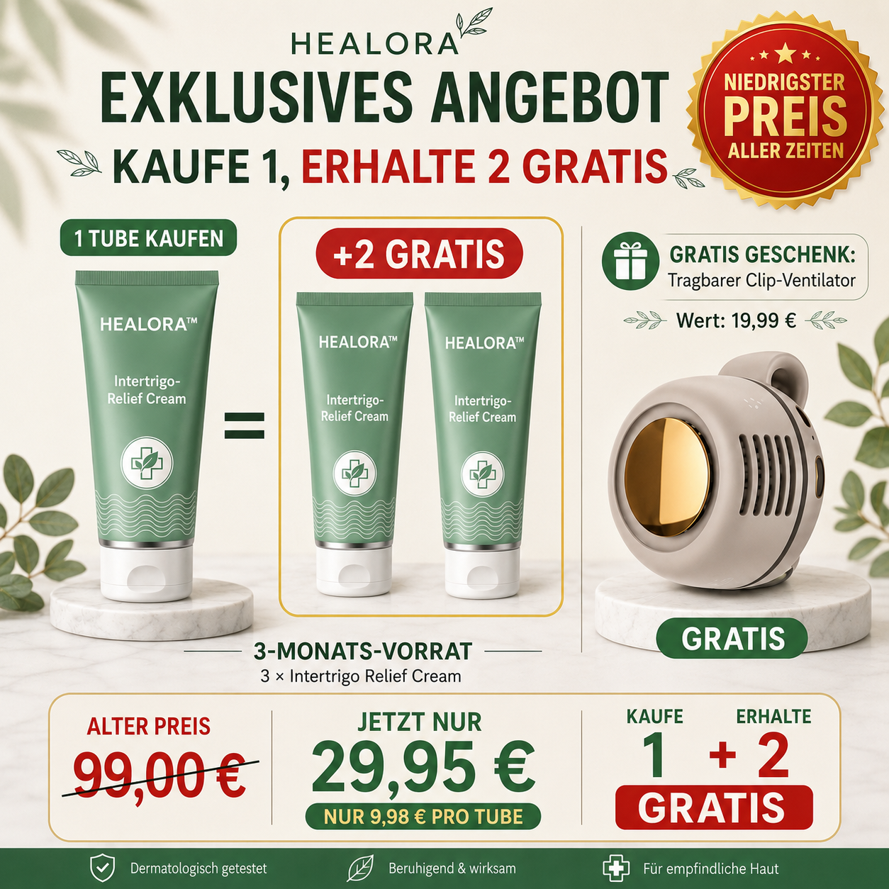 Kaufen Sie 1 Intertrigo Relief Creme – und erhalten Sie 🎁 2 GRATIS + 1 tragbaren Clip-Ventilator
